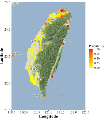呈現利用貝式空間存活分析模型所計算台灣地區心血管疾病的預測風險超越機率